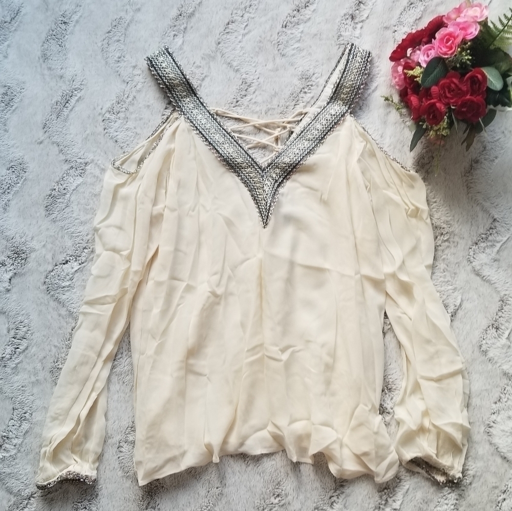 Love Sam Cold Shoulder Embroidered Collar Cream S